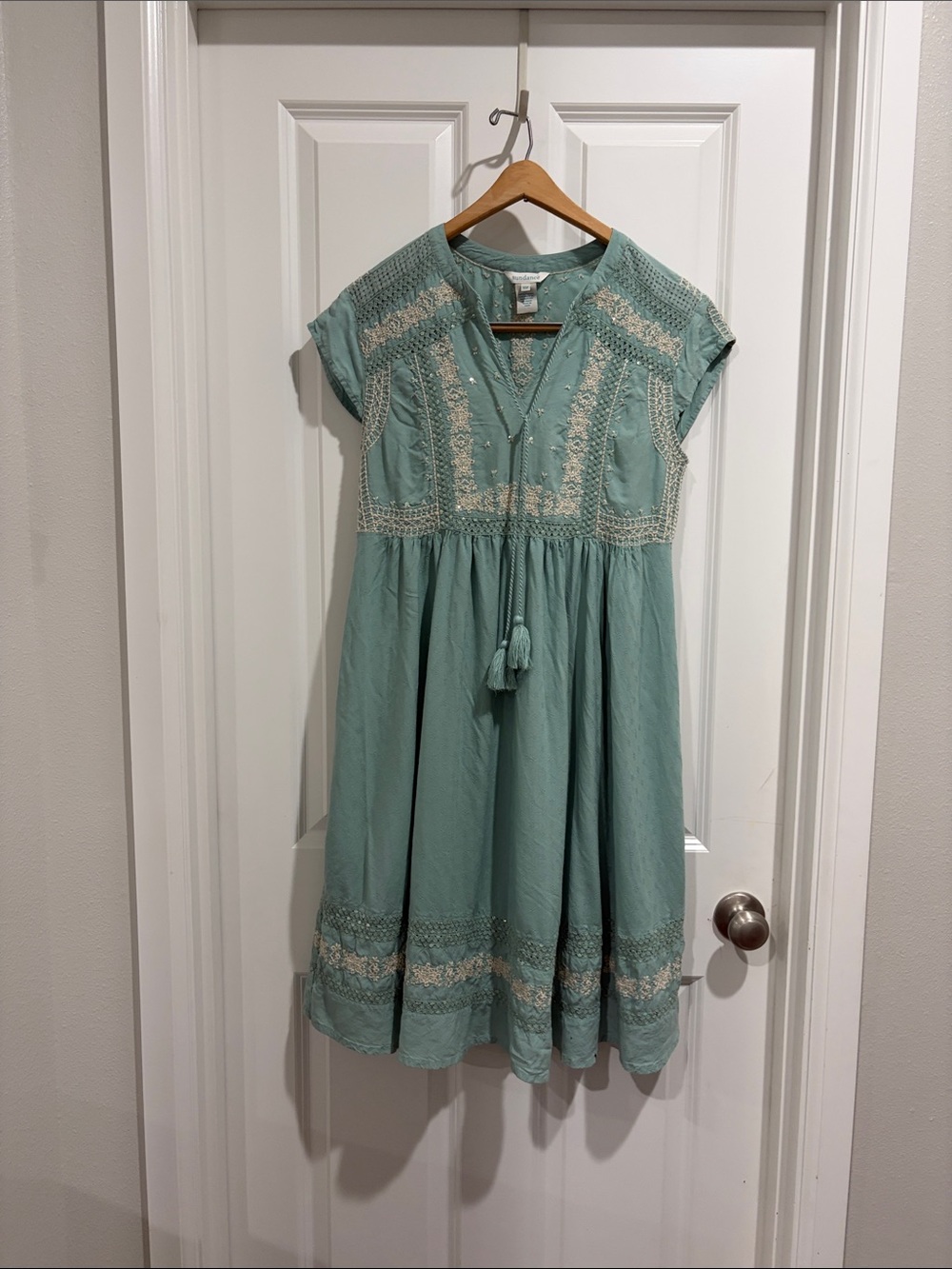 Sundance Mint Green Embroidered Tassel Midi Dress